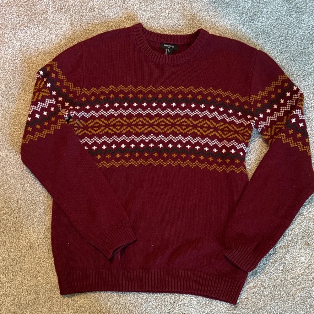 Forever 21 Men's Maroon and Mustard Patterned Crewneck Sweater - Picture 1 of 3